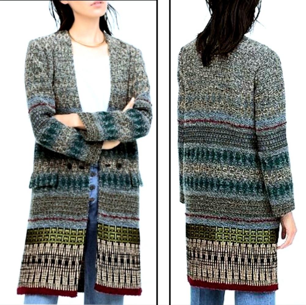S/M ZARA Western Boho Southwest Print Long Jaquard Knit Coat